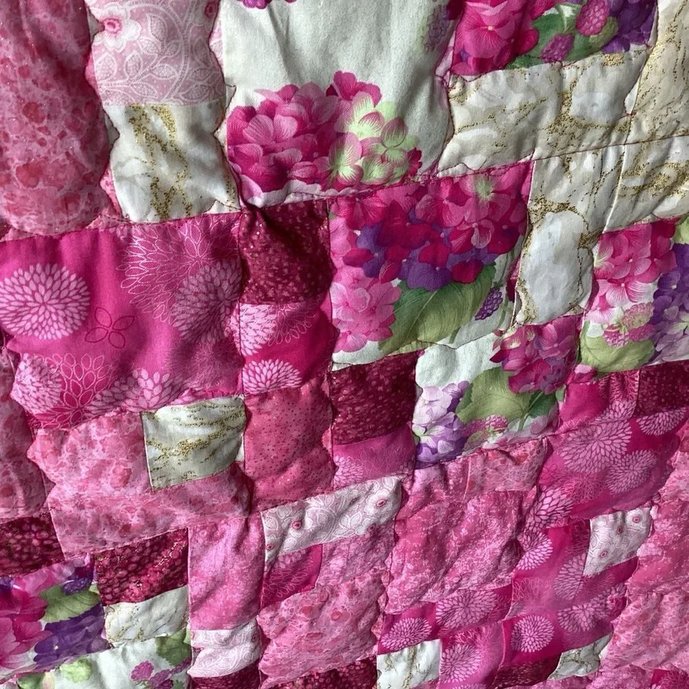 NWT. Hand Crafted Gold and Pink Hydrangea Lap Quilt